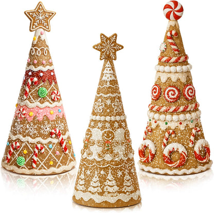 Simgoing Gingerbread Christmas Tree Figurines - 3 Pack Resin Tabletop Decorations for Holiday Centerpieces