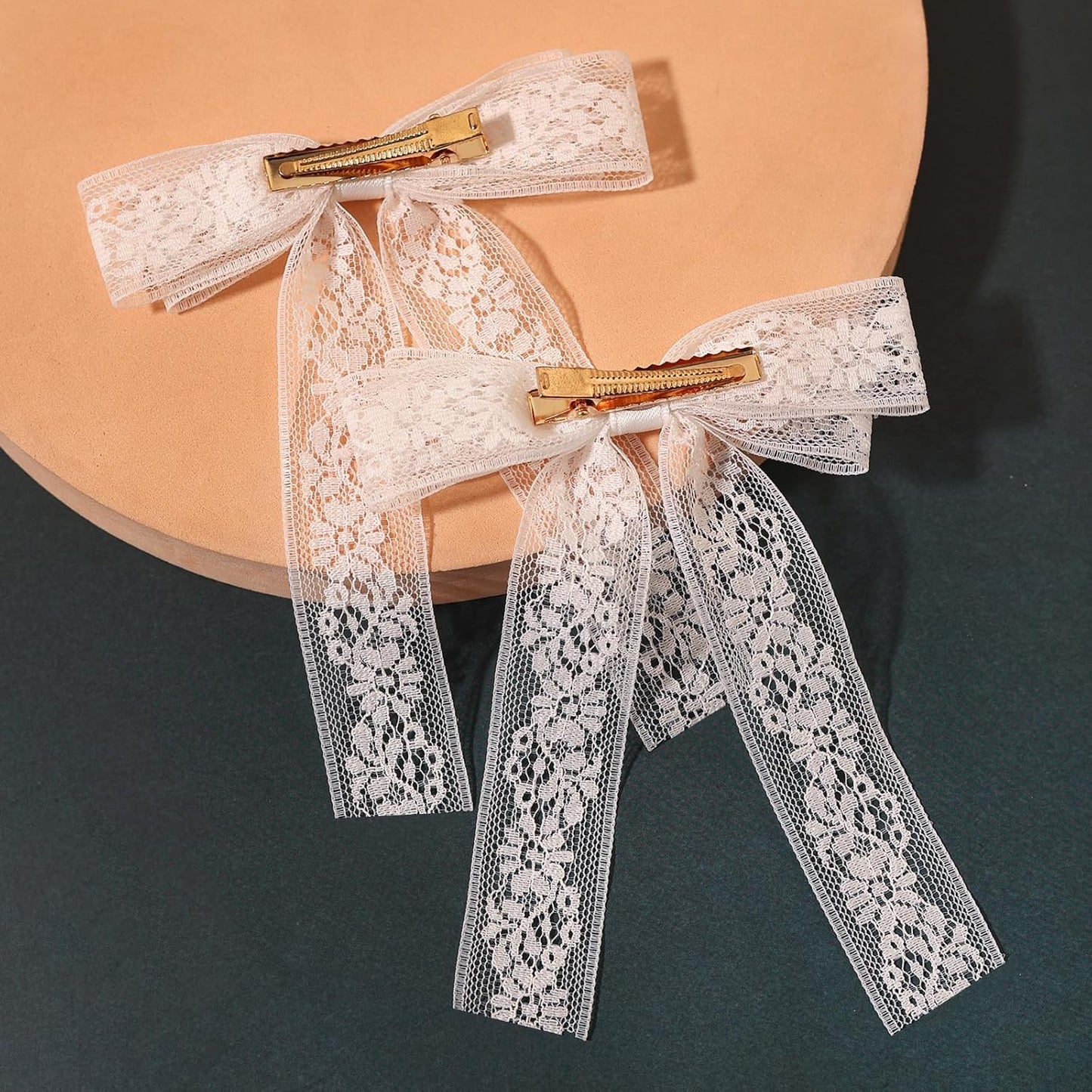 Skiennix White Lace Tulle Hair Bows - Elegant Long Tail Ribbons & Tassel Barrettes for Women