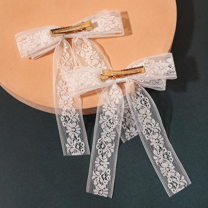 Skiennix White Lace Tulle Hair Bows - Elegant Long Tail Ribbons & Tassel Barrettes for Women