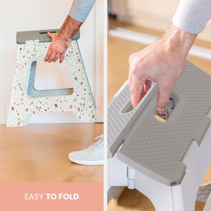 Vigar Foldable Step Stool - Lightweight Non-Slip Design for Adults | 12.5-Inch, Grey Terrazo Pattern