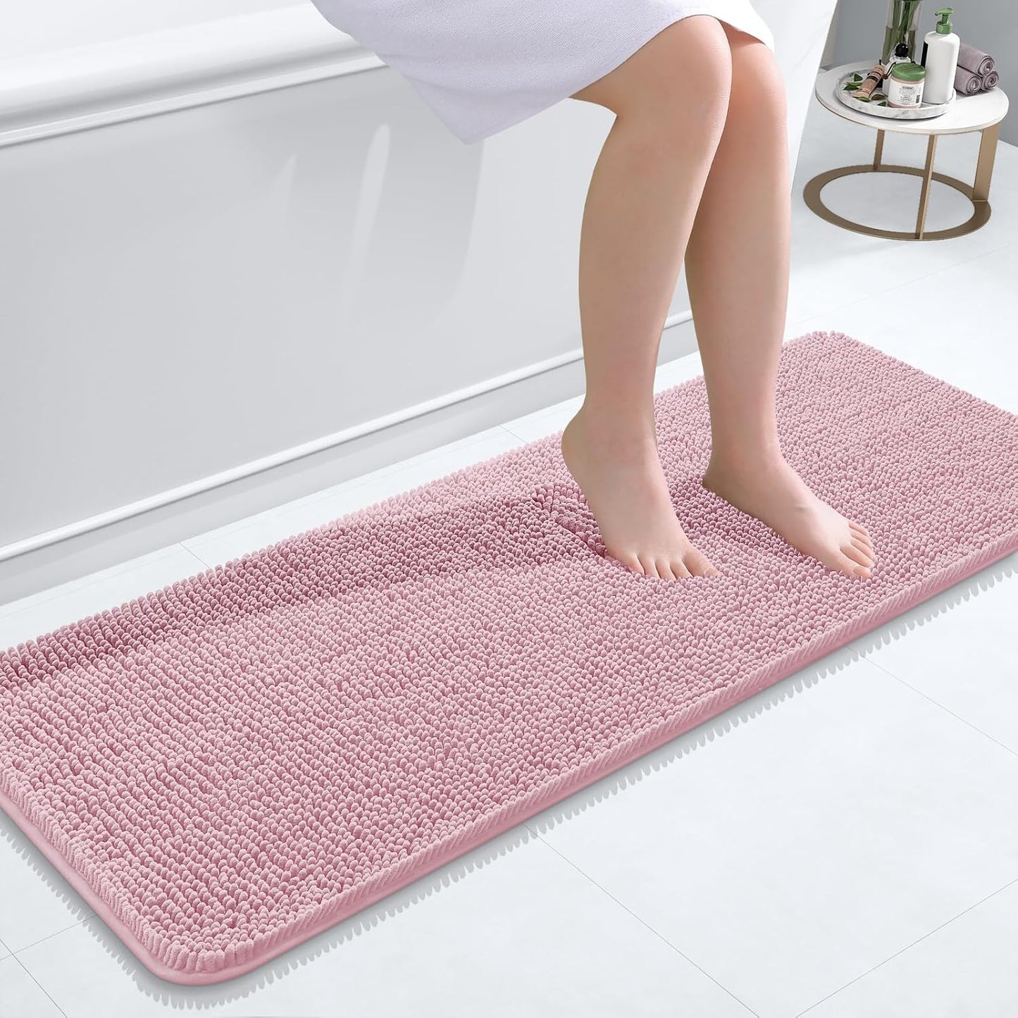 OLANLY Bathroom Runner Rugs - Soft Absorbent Chenille Bath Mat | Quick-Dry, Machine Washable, 47x17, Dusty Rose