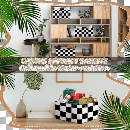 Boao 3 Pcs Checkered Basket Easter Baskets Checkered Storage Bin with Handles Gingham Storage Bin Square Tote Laundry Basket Canvas Foldable Box for Home Office Bedroom Bathroom(Black)