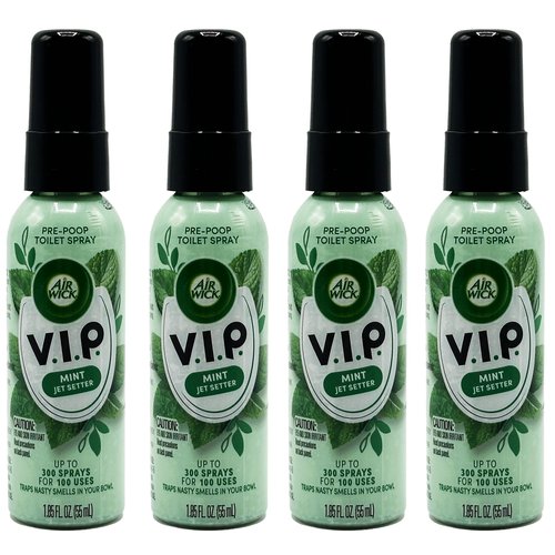 Air Wick V.I.P. Pre-Poop Toilet Spray, Mint Jet Setter, Travel Size, Neutralizes Odors, Contains Essential Oils, Fresh Mint Scent Bathroom Spray, 1.85 Oz (Pack of 4)
