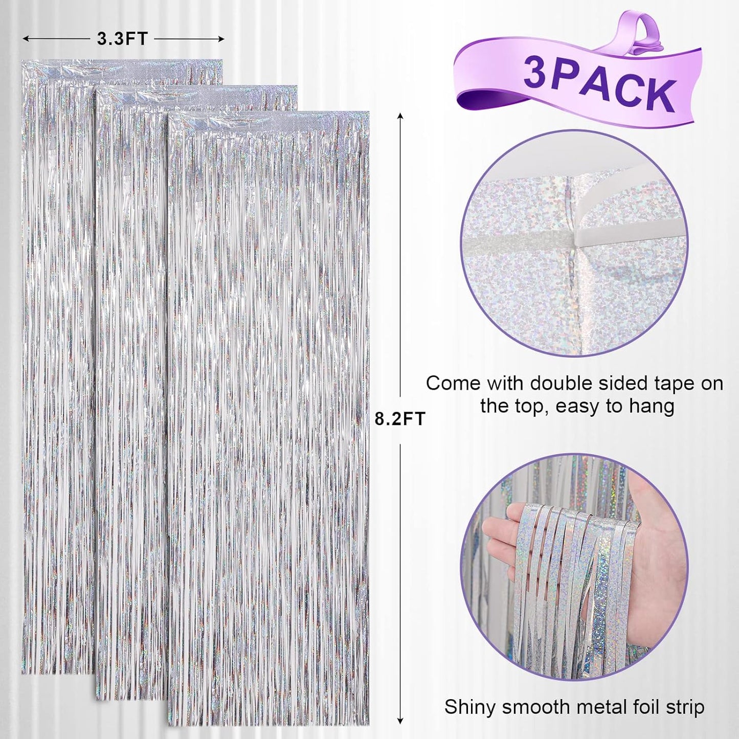 Voircoloria Laser Silver Foil Fringe Backdrop Curtains - 3 Pack 3.3x8.2 Feet for Parties & Events