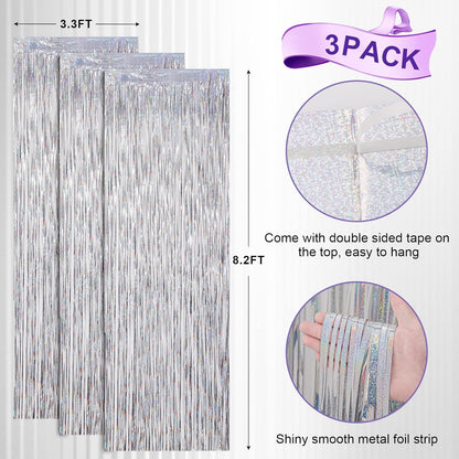 Voircoloria Laser Silver Foil Fringe Backdrop Curtains - 3 Pack 3.3x8.2 Feet for Parties & Events