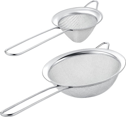 Stainless Steel Mesh Strainers Set by [Brand Name] - 5.5-Inch Round & 3.4-Inch Conical - Perfect for Sifting Pasta, Quinoa, Tea, and More