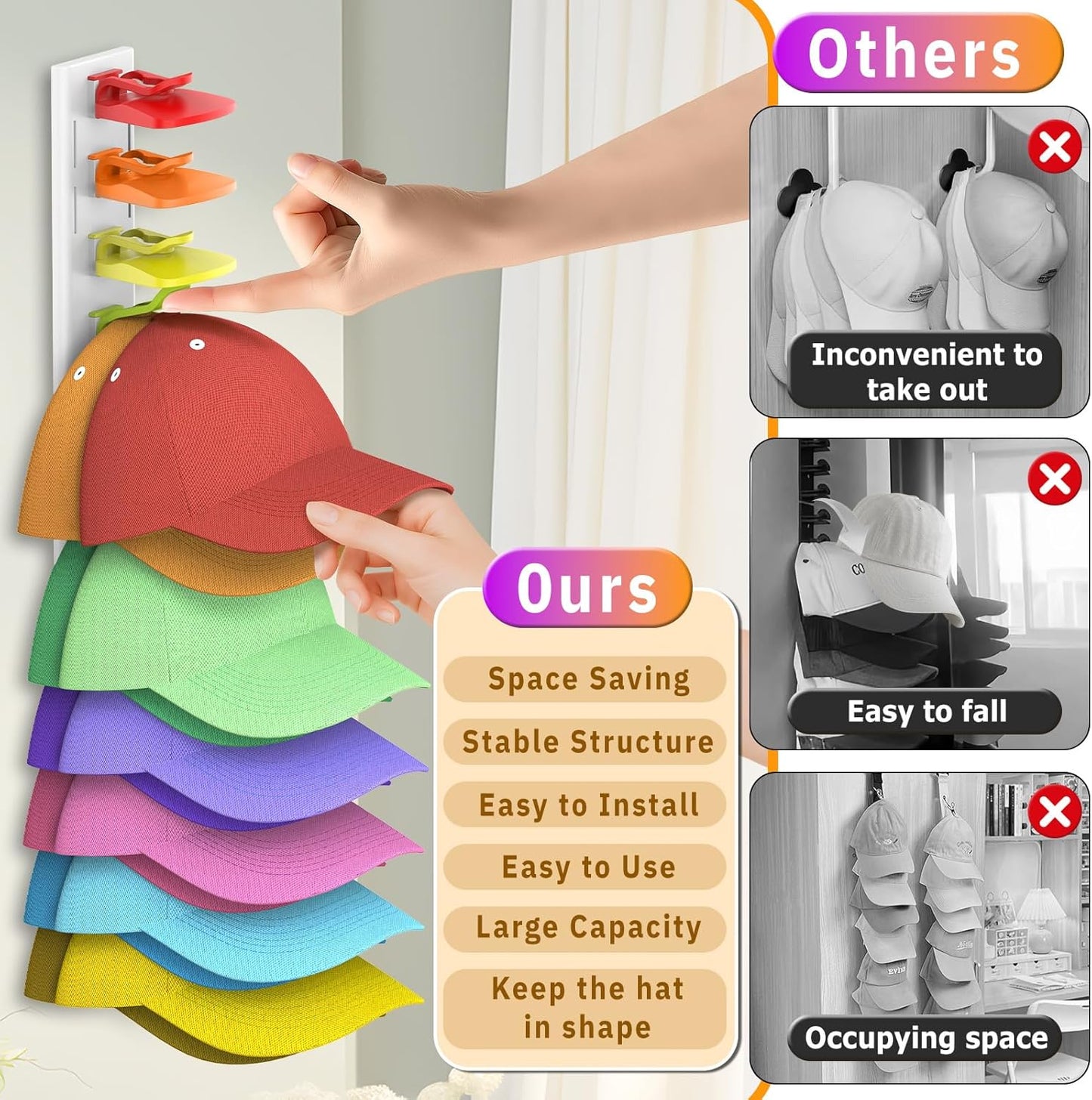 Volnamal Hat Organizer - 2 Pack Baseball Cap Rack Holds Up to 40 Hats | Space-Saving Wall Hanger (White & Color)