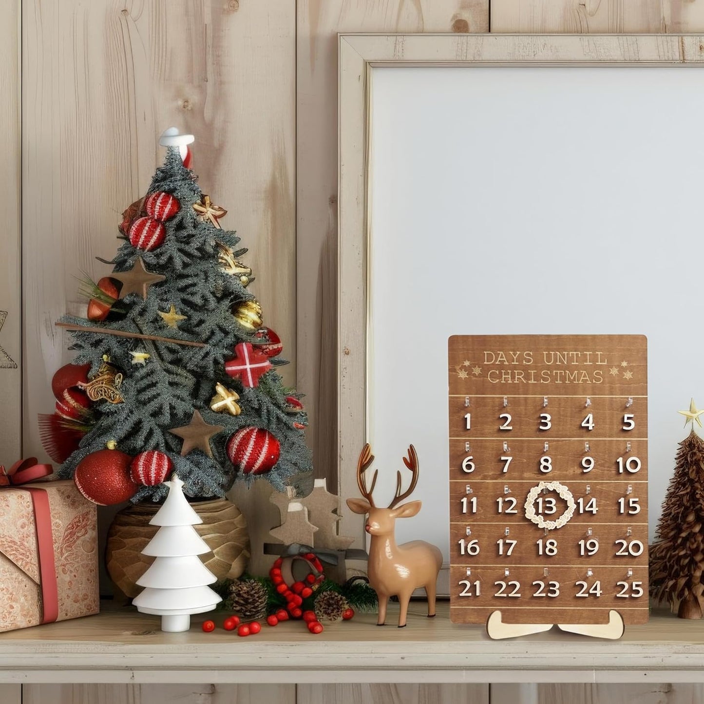Skiennix Christmas Advent Calendar - Wooden Countdown Wall Hanging Sign | Rustic Holiday Decor for Kids & Family