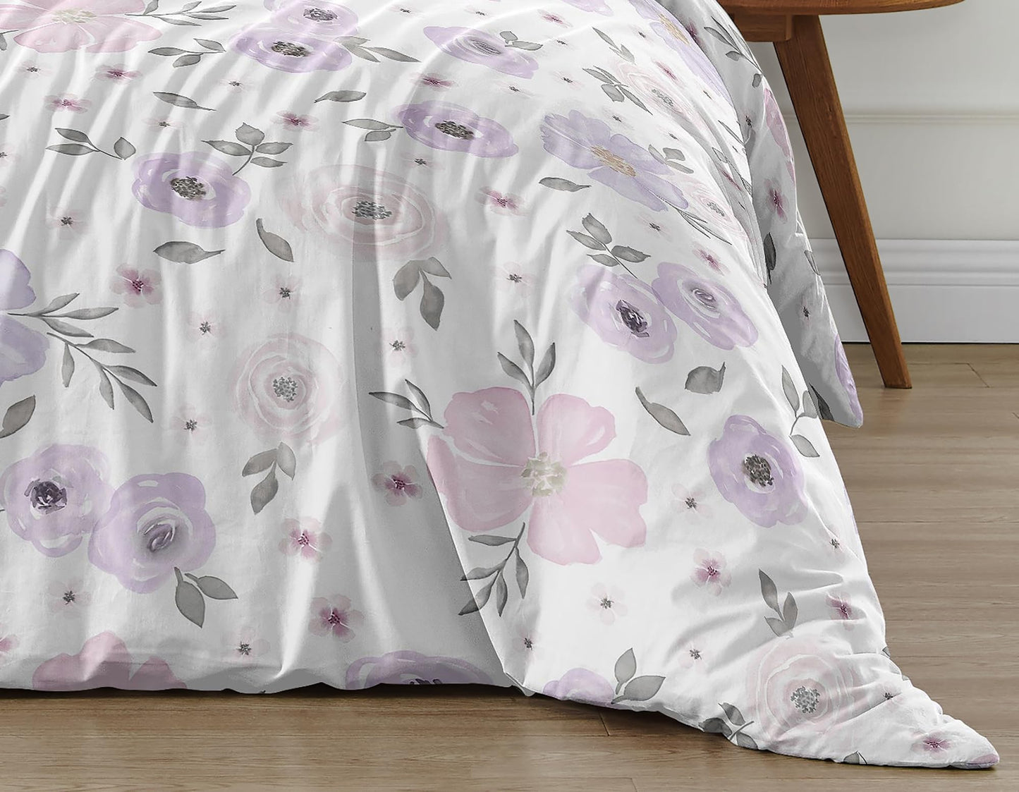 Sweet Jojo Designs Lavender Purple, Pink, Grey and White Shabby Chic Watercolor Floral Girl Full/Queen Teen Childrens Bedding Comforter Set - 3 Pieces - Rose Flower