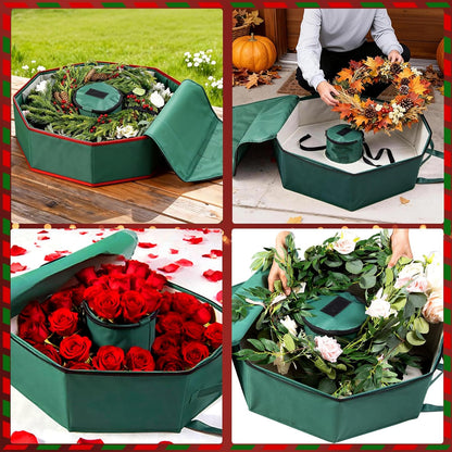 BrilliantJo Wreath Storage Bag - Hard Shell Christmas Decoration Case with Pockets | 24-Inch Green 600D Oxford Fabric