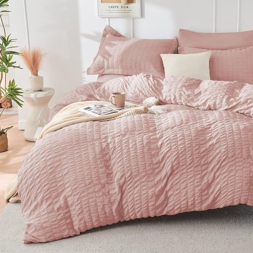 HYMOKEGE Rose Gold Comforter Set - Luxurious 7-Piece All-Season Bedding in Seersucker Design