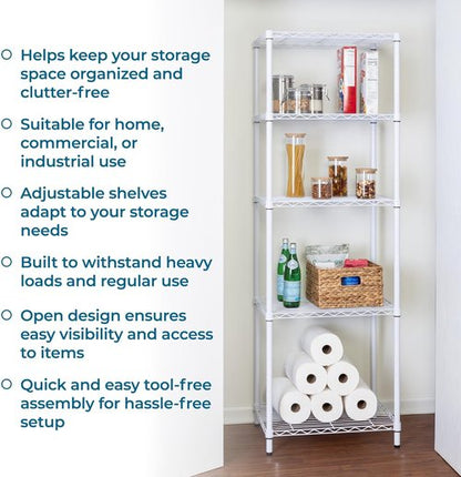 Honey-Can-Do Heavy-Duty 5-Tier Metal Storage Rack - Adjustable Shelves | 250 lb Capacity, White, 18" W x 24" L x 72" H