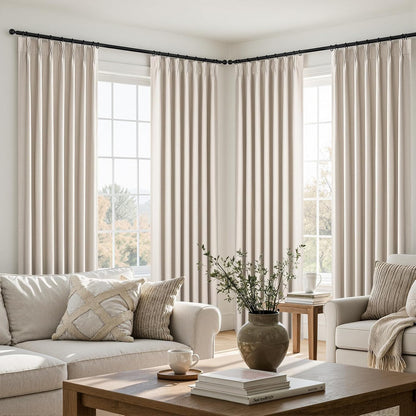 Topfinel Oatmeal Blackout Curtains - 84 Inch Long Pinch Pleated Drapes | Energy-Efficient Flax Linen, 2 Panels Set