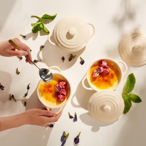 Kook Ceramic Mini Cocotte Set - Small Casserole Dishes with Lids | Oven & Microwave Safe, 12 oz, Ivory, Set of 4