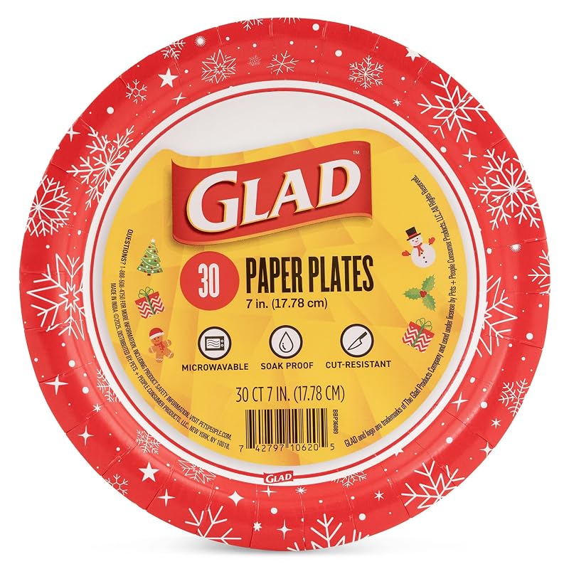Glad Red Snowflake 7-Inch Disposable Paper Plates, 30 Count - Variation Red+7 Inch