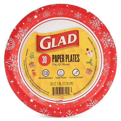 Glad Red Snowflake 7-Inch Disposable Paper Plates, 30 Count - Variation Red+7 Inch