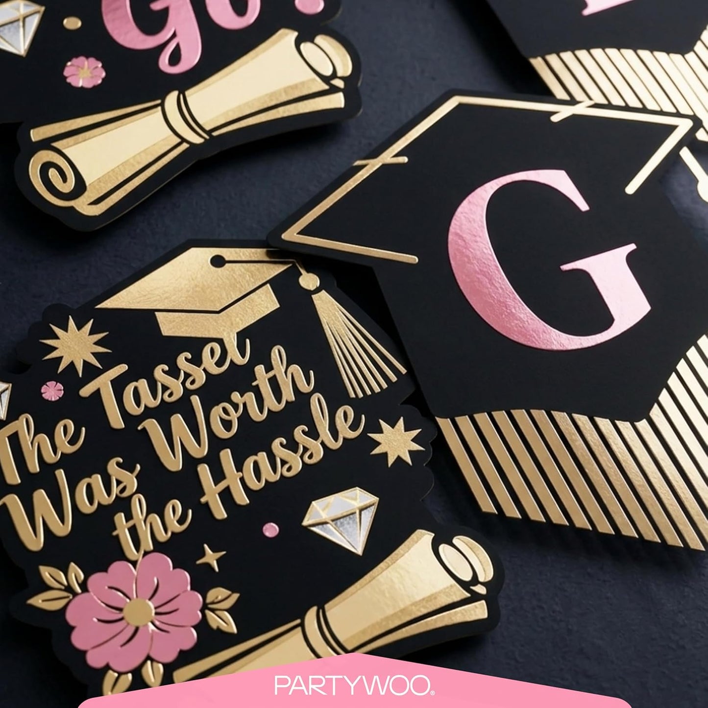 PartyWoo Graduation Decorations - Class of 2026 Black, Gold & Pink 19-Piece Set with Banner & Balloons