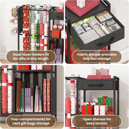 Kikihouse Wrapping Paper Storage Cart - Rolling Gift Wrap Organizer with 12 Slap Bands & Hooks | Black