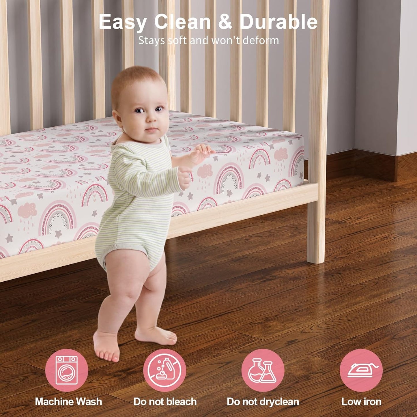 Skiennix Baby Crib Sheets - 2 Pack Soft Microfiber for Standard Crib | Pink Rainbow & Pink, 28x52x8in