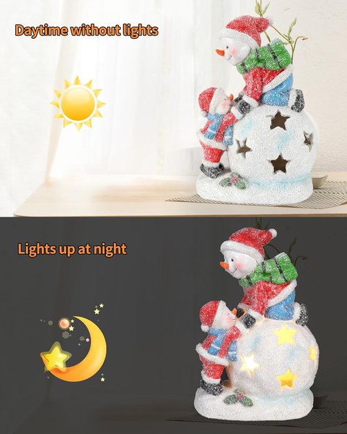 iStatue Snowman and Child Christmas Ornament - LED Light Resin Figurine | Unique Holiday Home Decor