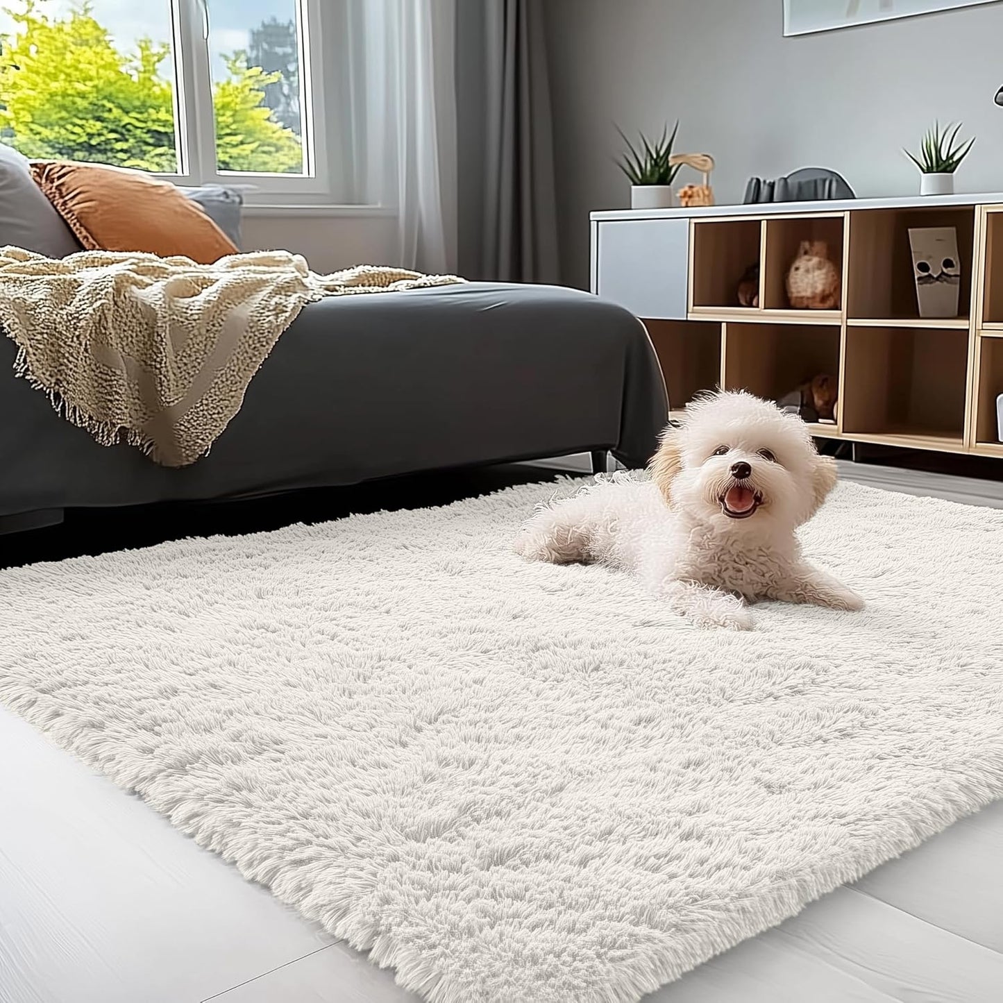 OLANLY Area Rugs - Soft Fluffy Shaggy Indoor Carpet for Living Room & Bedroom | Ivory 4x11