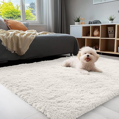 OLANLY Area Rugs - Soft Fluffy Shaggy Indoor Carpet for Living Room & Bedroom | Ivory 4x11