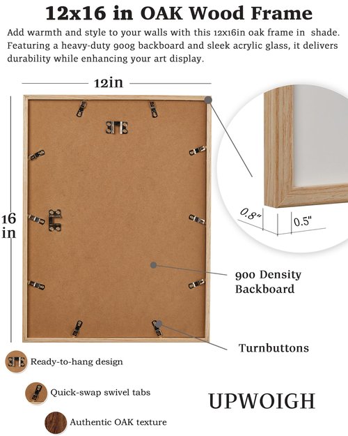 UPWOIGH 12x16 Oak Wood Picture Frame - Minimalist 12x16 Poster Frame, 12"x16" Picture Frame Wood, Natural Solid Wooden Picture Frames for Wall Art Photo and Prints (Set of 3)