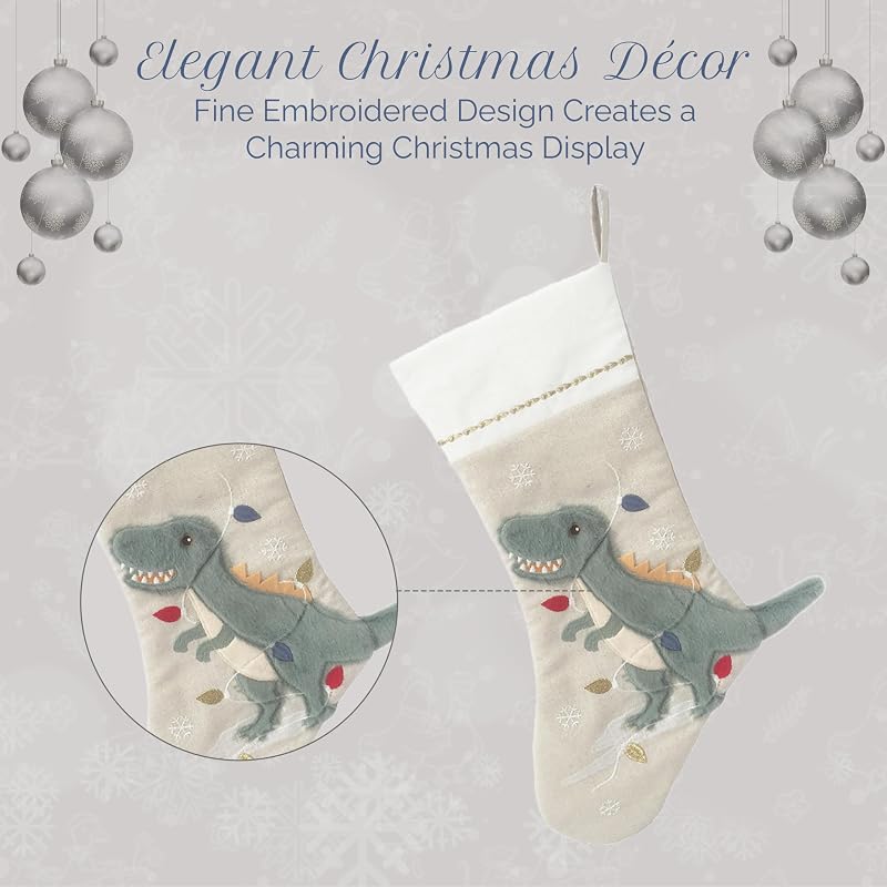Dino Festive Christmas Stocking 21-Inch Linen Mantel Decor - Mon Ami Dino Variation