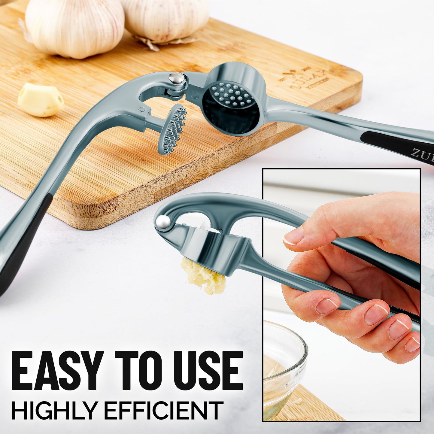 Zulay Kitchen Premium Garlic Press Set - Rust Proof & Dishwasher Safe Professional Garlic Mincer Tool - Easy-Squeeze, Easy-Clean with Soft, Ergonomic Handle - Silicone Garlic Peeler & Brush (Slate)