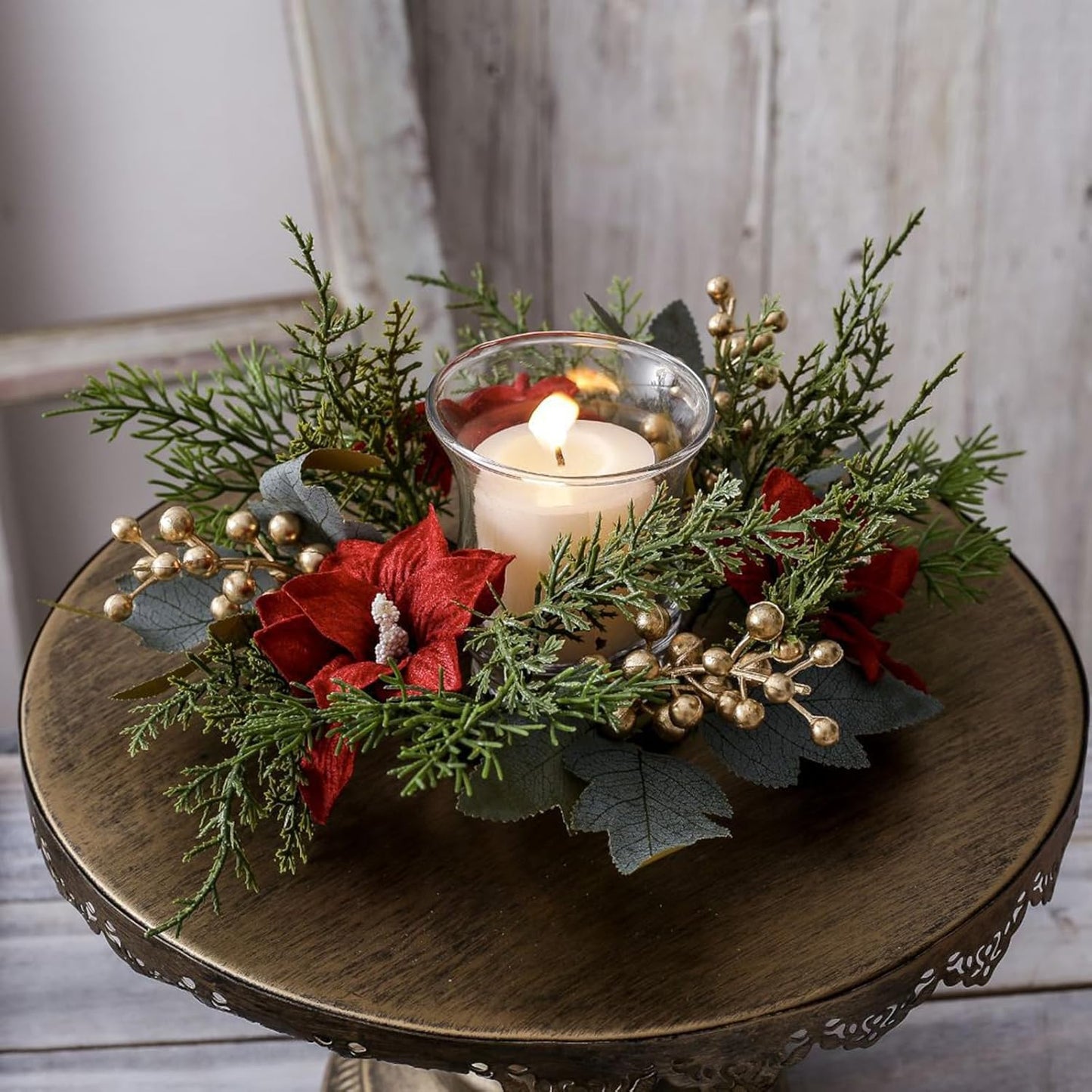 Regine Switzerland Christmas Candle Rings - Elegant Gold Berries & Pine Needles | 2-Piece Set for Winter Decor