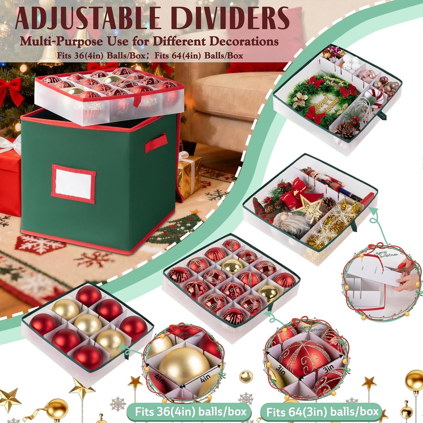 OIAHOMY Ornament Storage Box - 2 Pack Holds 64 Balls Each, Durable 600D Oxford Fabric - Green with Trays