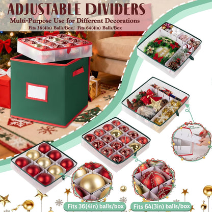 OIAHOMY Ornament Storage Box - 2 Pack Holds 64 Balls Each, Durable 600D Oxford Fabric - Green with Trays