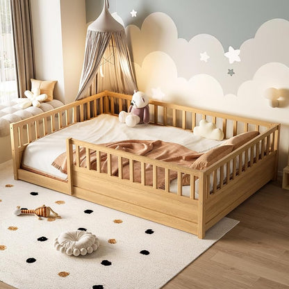 Montessori Floor Bed Full Size with High Guardrails – Natural + Full (Bellemave)