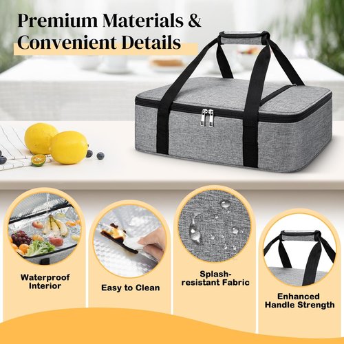 Coobiiya Insulated Casserole Carrier - Keeps Food Hot or Cold | Portable Tote for 9" x 13" Dishes - Grey