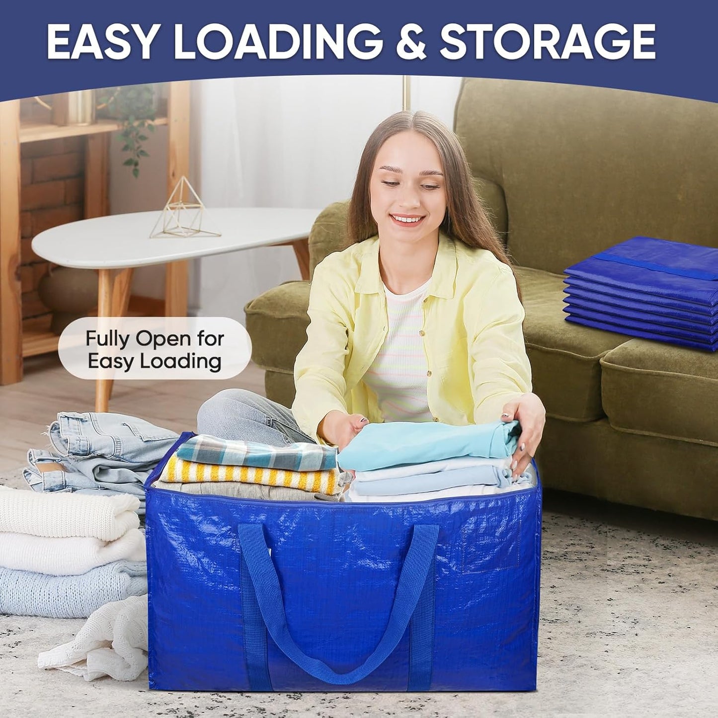 TICONN Extra Large Heavy-Duty Moving Bags - Durable Storage with Zippers & Handles | 6 Pack, Blue