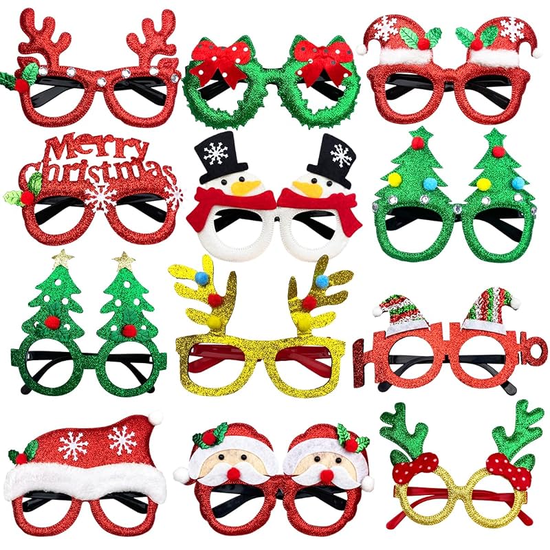 12 Pack Christmas Glitter Glasses - Fun Party Favors & Stocking Stuffers