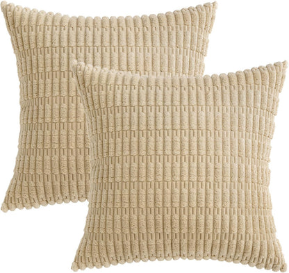 MIULEE Corduroy Throw Pillow Covers - Soft Boho Striped Design | 16x16 Inch Tan for Modern Farmhouse Decor