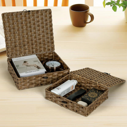 Plastic Wicker Storage Baskets - 2-Pack Woven Rattan Organizer Bins with Lids | Decorative Flat Boxes, Brown