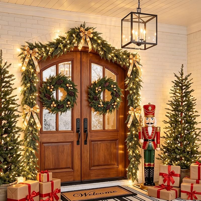 6FT 2PCS Extra Full Lighted Cedar Garland with LED Lights - 168 Branches, Realistic Two-Tone PE Foliage