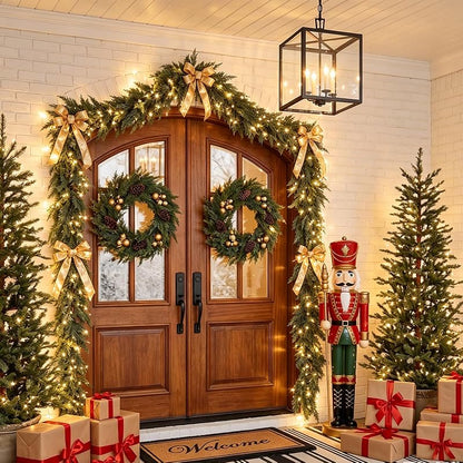 6FT 2PCS Extra Full Lighted Cedar Garland with LED Lights - 168 Branches, Realistic Two-Tone PE Foliage