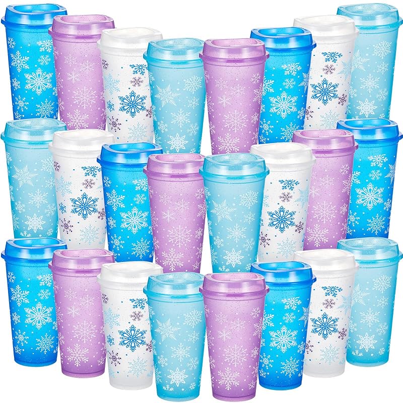 24 Pcs Christmas Reusable Coffee Cups with Lids, 16 oz - Snowflake Style (Variation of THIS listing: 24+Snowflake Style)
