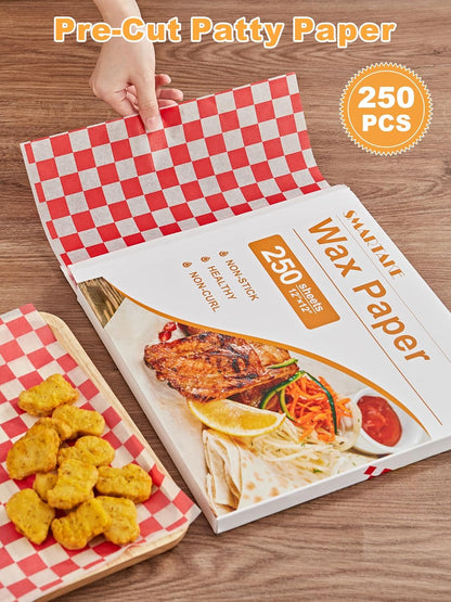 SMARTAKE 12 x 12 Inches Wax Paper - 250 Pcs Non-Stick Hamburger Patty Paper | Red Plaid Sandwich Separators