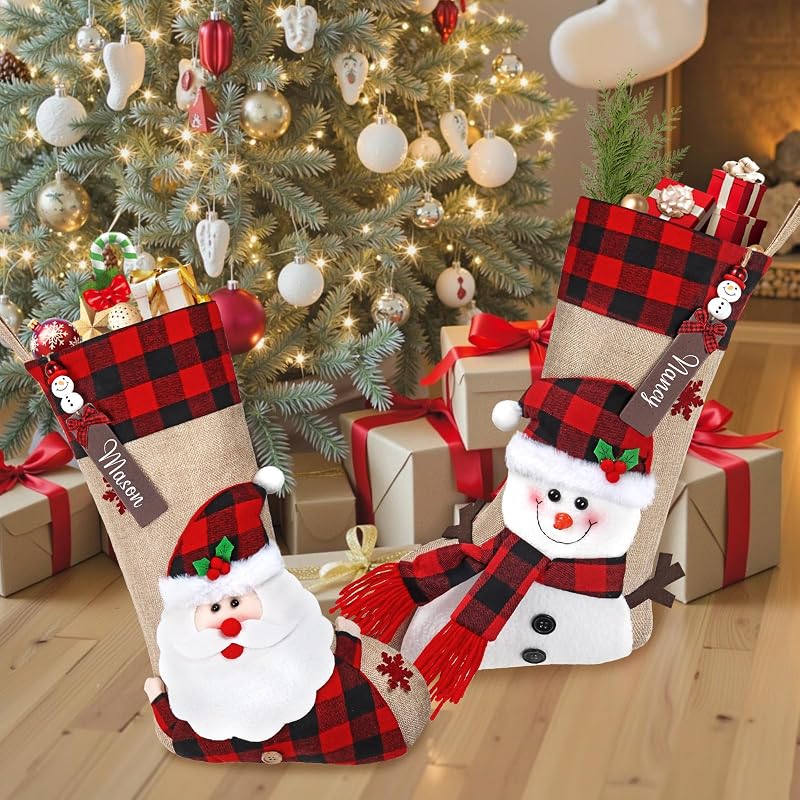 Personalized Christmas Stockings 4Pack Burlap Plaid - Red (Variation: Personalized Red)