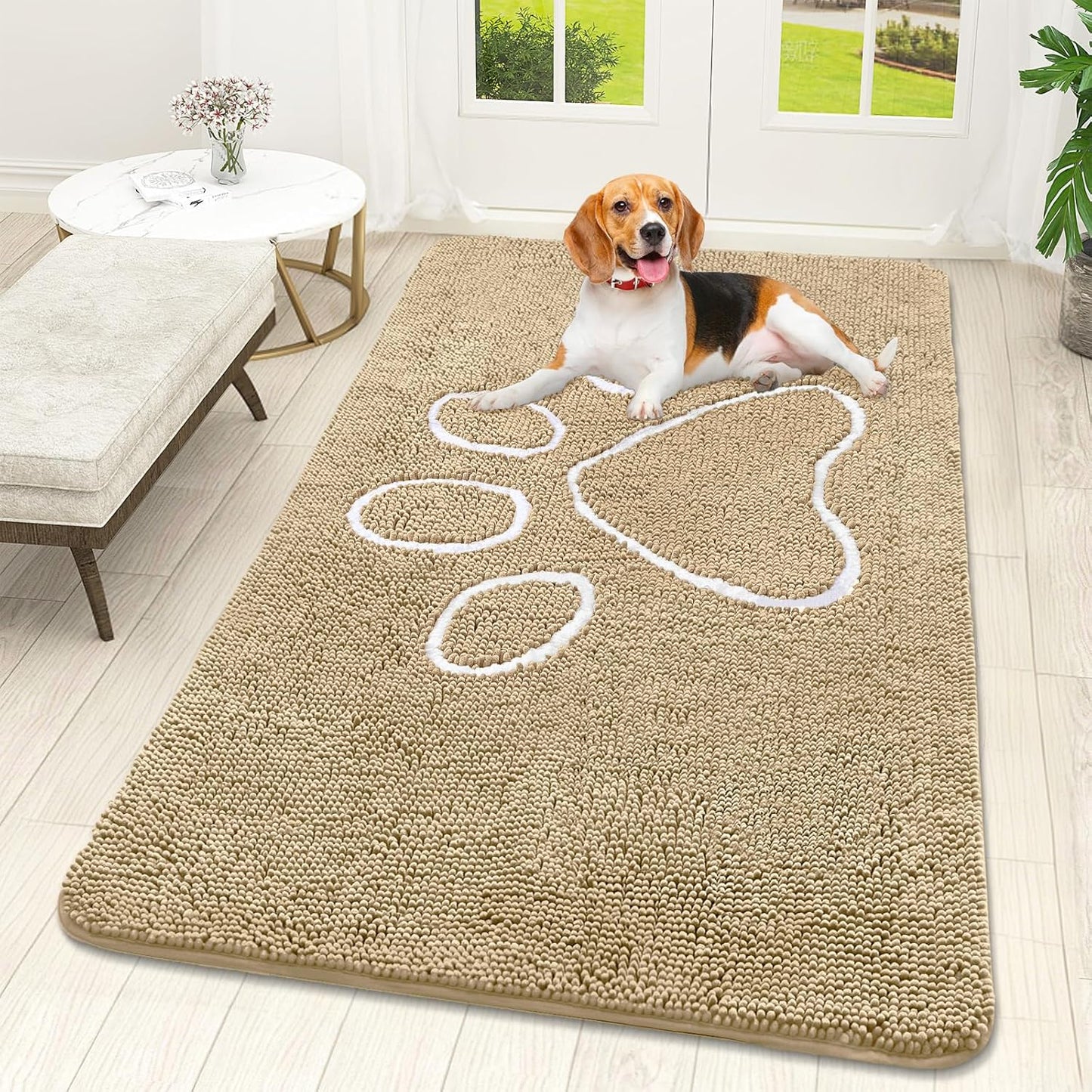 OLANLY Dog Door Mat - Absorbent Non-Slip Muddy Paws Doormat | Quick Dry Chenille, 59x32, Beige