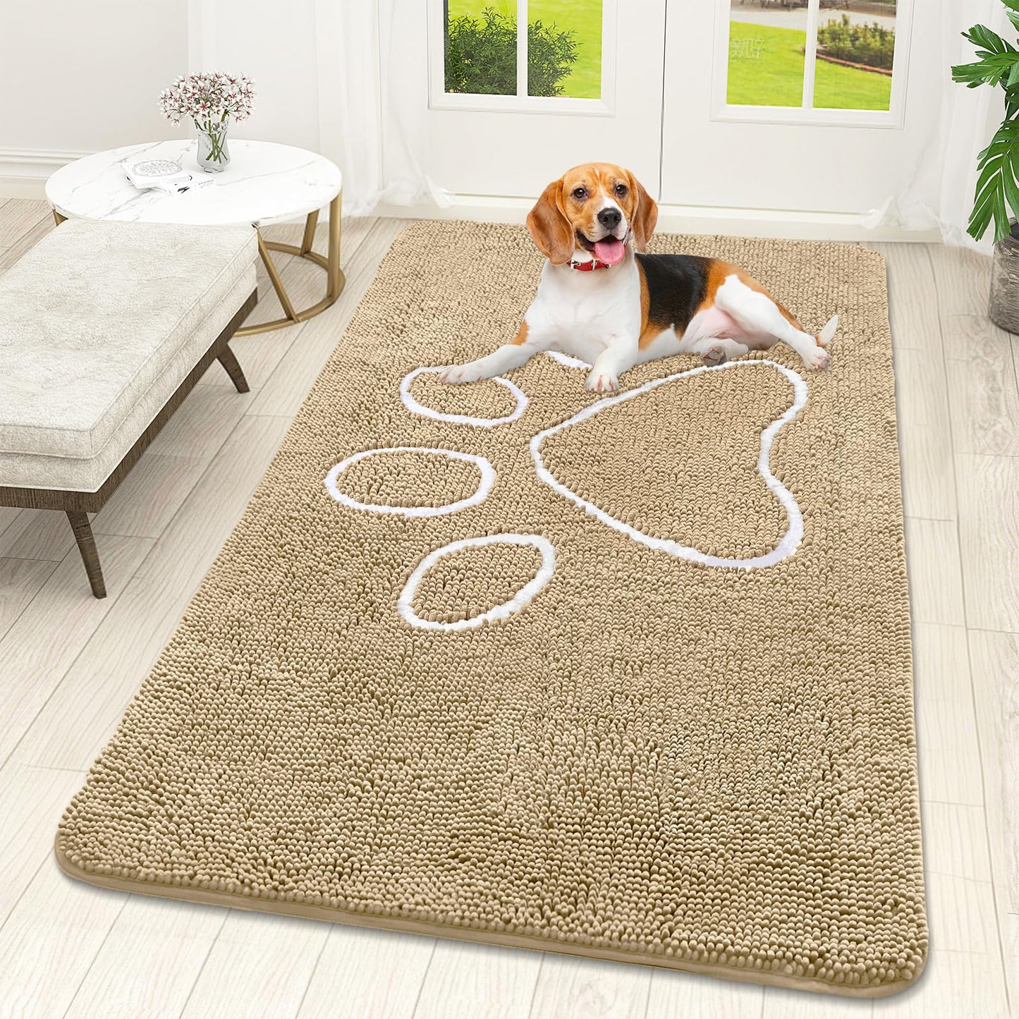 OLANLY Dog Door Mat for Muddy Paws 59x32, Paw Print Design, Absorbs Moisture and Dirt, Absorbent Non-Slip Washable Doormat, Quick Dry Chenille Mud Mat for Dogs, Entry Indoor Entryway Carpet, Beige