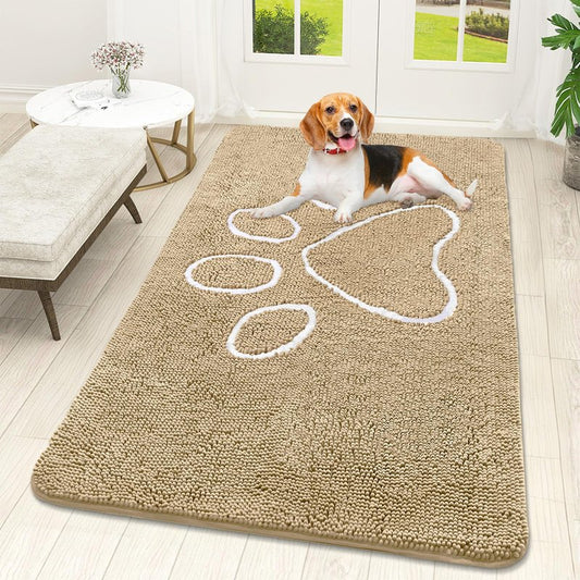 OLANLY Dog Door Mat for Muddy Paws 59x32, Paw Print Design, Absorbs Moisture and Dirt, Absorbent Non-Slip Washable Doormat, Quick Dry Chenille Mud Mat for Dogs, Entry Indoor Entryway Carpet, Beige