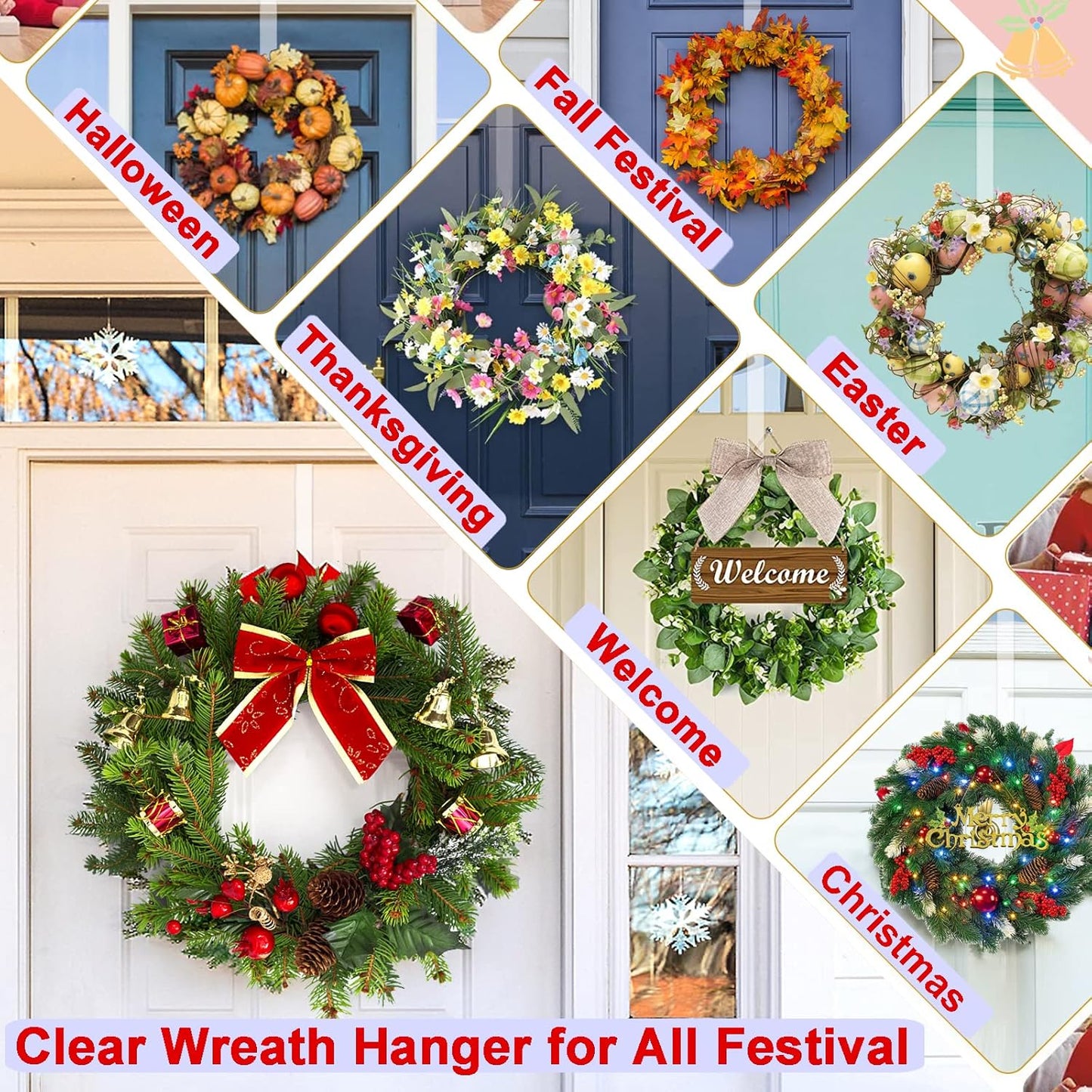Skiennix Wreath Hanger - 12” Clear Over The Door Hooks for Easter & Christmas Decor | 2 Pack Non-Scratch Holders