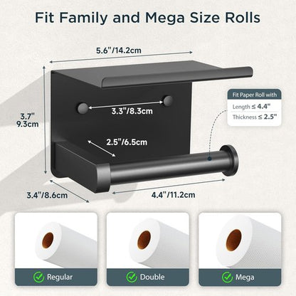 FORIOUS Toilet Paper Holder - Rustproof Stainless Steel with Shelf | Wall Mount, Adhesive or Screw