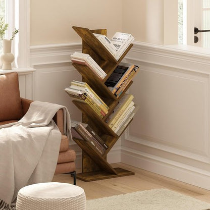 Furinno 7-Tier Tree Bookshelf - Stylish Angled Open Design for Room Decor | Amber Pine, 8.4 x 15.7 x 39.4