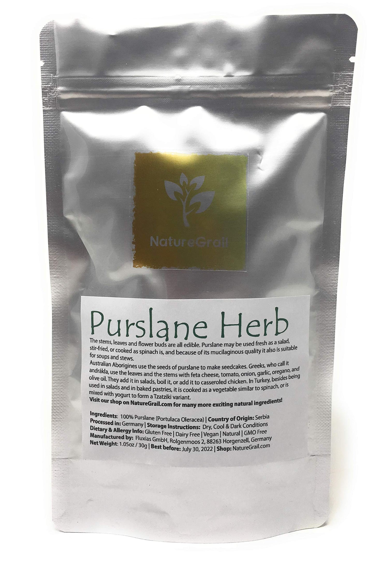 Purslane Herb - Dried And Cut Vegetable Similar To Spinach - Mix It With Yogurt To Make Tzatziki - Ingredients: 100% Purslane (Portulaca Oleracea) - Kosher, Halal, Natural - Net Weight: 1.05oz / 30g